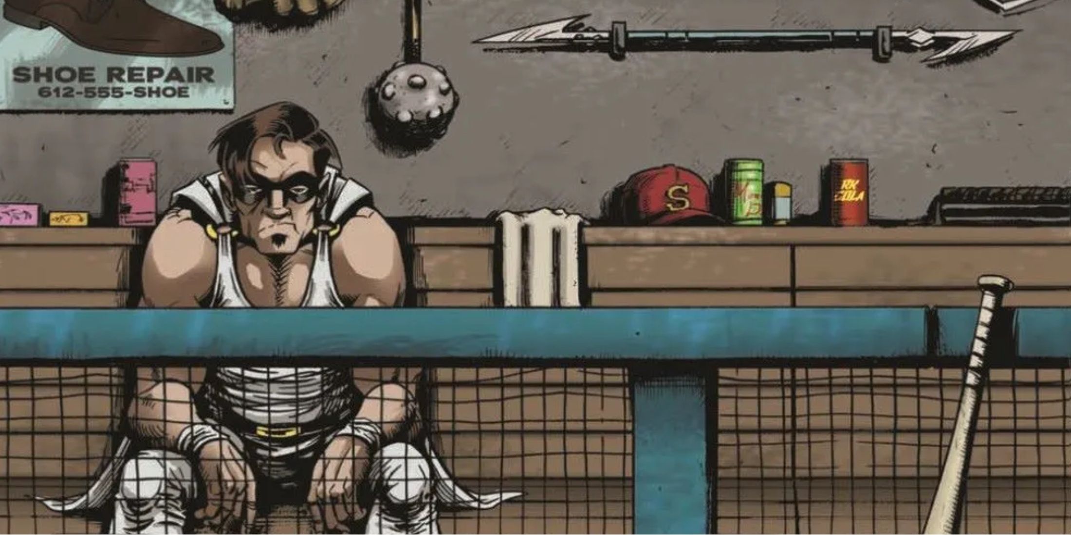 The cover to FARM System shows a superhero sitting in a dugout, looking surly