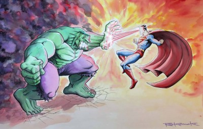 "Hulk vs Superman" WC on Board. 28x18 Framed. $600
